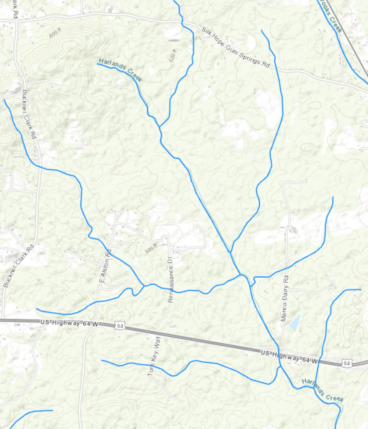 Map of Harlands Creek. The discharge occurred approximately 800 feet east of Renaissance Drive in Pittsboro, untreated wastewater then flowed into Harlands Creek.